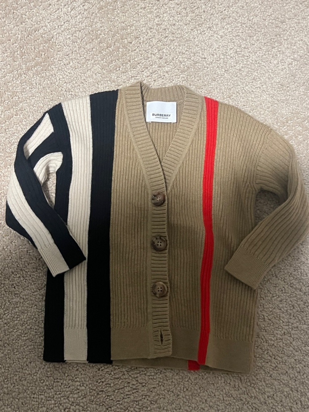 Burberry Tan Cardigan with Black, Cream and Red Stripes
